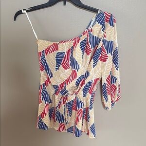 Anthropologie Britt Ryan Colorful One-Shoulder SILK Blouse top cinch waist tie 4
